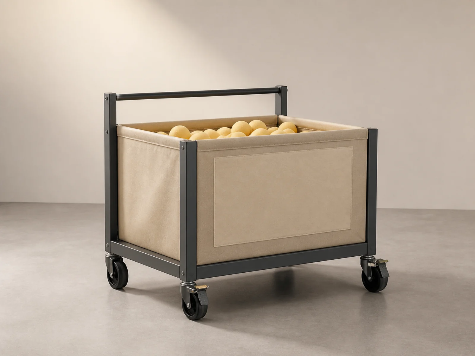 Mobile ball trolley with a sand canvas basket and black steel frame